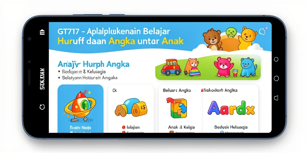 Tampilan antarmuka GT777 yang interaktif untuk belajar huruf dan angka.
